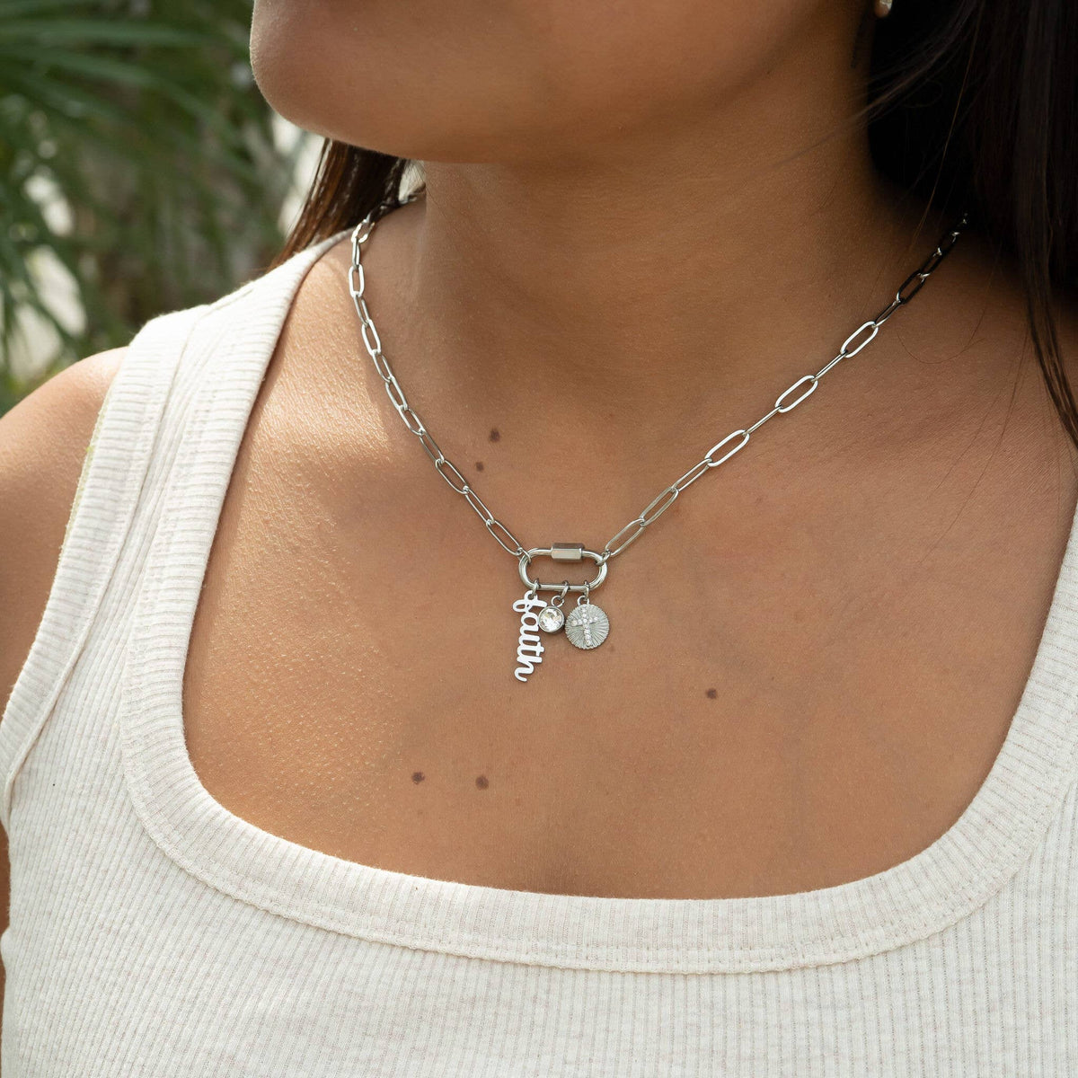 18K PVD Gold Carabiner "Faith" Paperclip Charm Necklace: Gold WJW