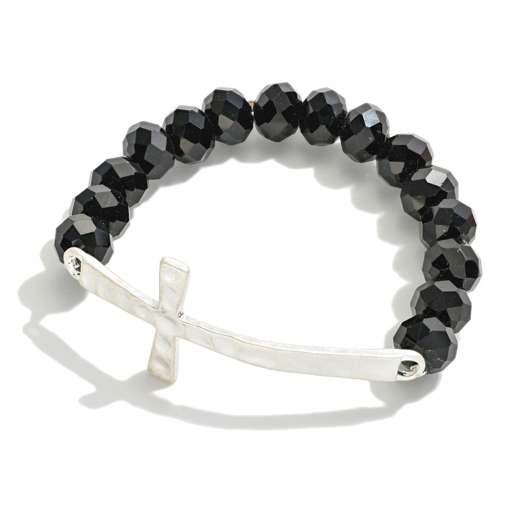 Silver Cross Stretch Bracelet Featuring Faceted Beads Black