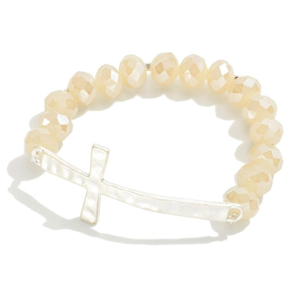 Silver Cross Stretch Bracelet Featuring Faceted Beads Natural
