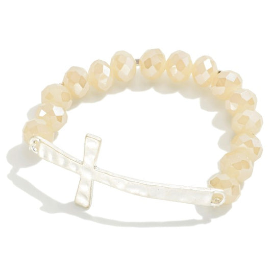 Silver Cross Stretch Bracelet Featuring Faceted Beads Natural