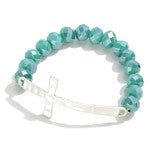 Silver Cross Stretch Bracelet Featuring Faceted Beads Teal
