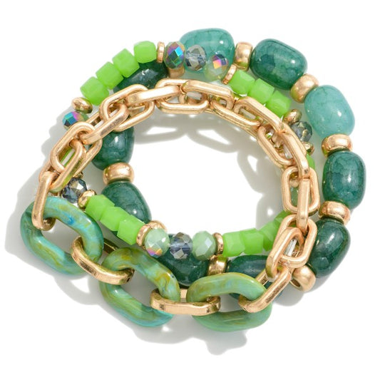 Beaded Stretch Bracelets Featuring Resin/Gold Chain Link and Stone Accents Mint