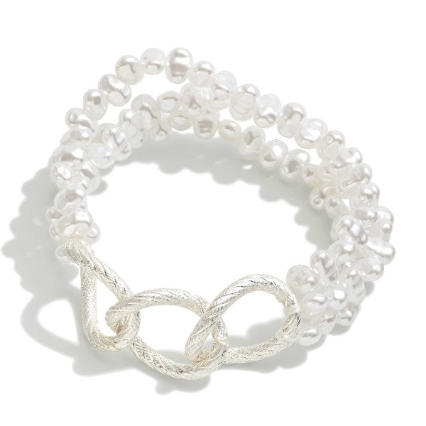 Set of Three Beaded Stretch Bracelet Featuring Pearl And Chain Link Accents Silver