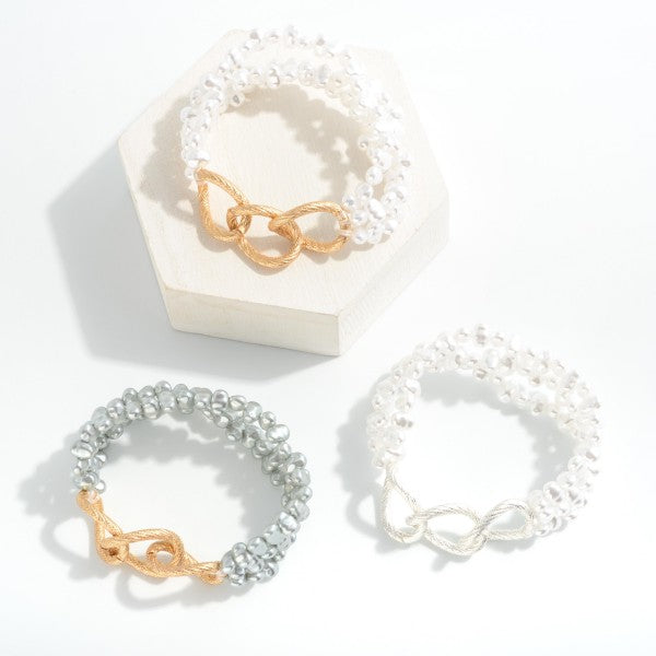 Set of Three Beaded Stretch Bracelet Featuring Pearl And Chain Link Accents