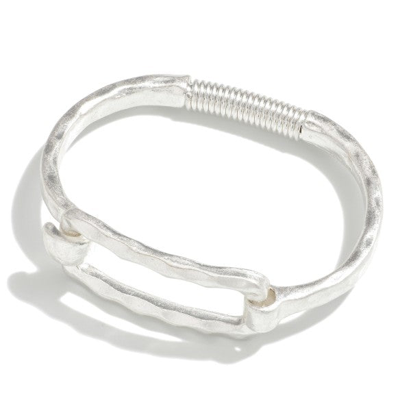 Hammered Metal Bangle Bracelet With Spring Latch Closure Silver