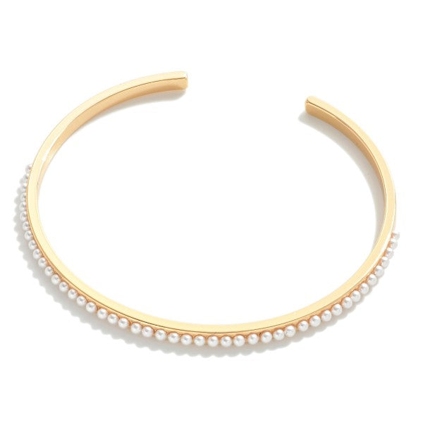 Metal Bangle Bracelet With Pearl Studded Details Gold
