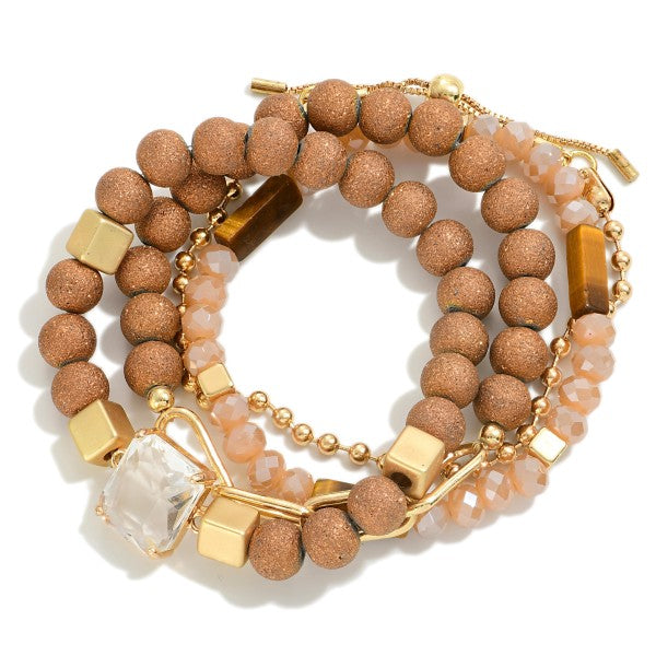 Set of Four Bracelets Featuring Chain Link, Bead and Rhinestone Details Brown