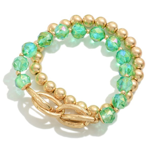 Set of Two Beaded Stretch Bracelets Featuring Metal Chain Links Green