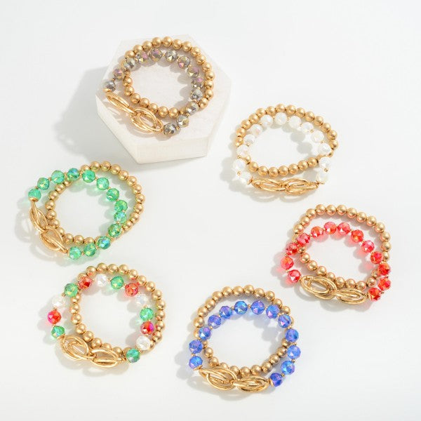Set of Two Beaded Stretch Bracelets Featuring Metal Chain Links