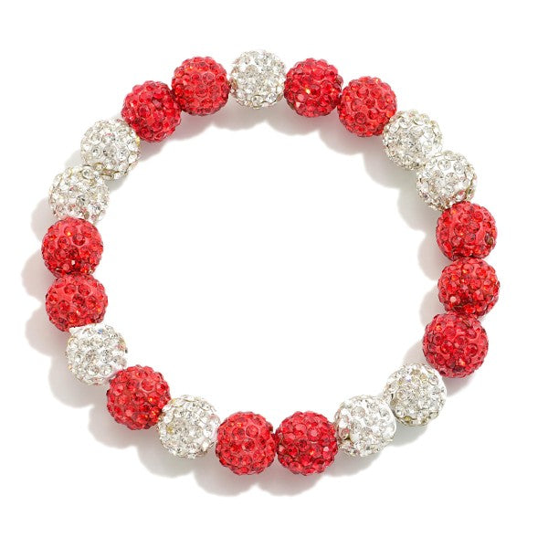 White and Red Two Tone Rhinestone Studded Stretch Bracelet White Red