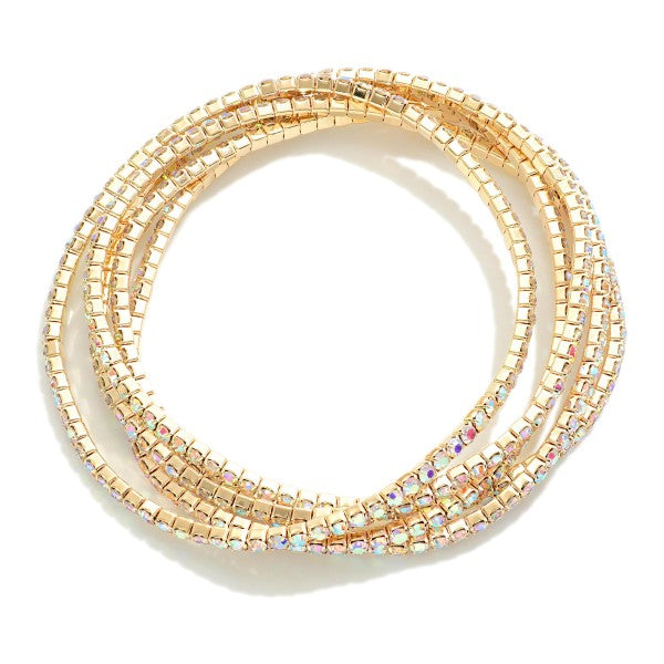 Set of Five Linked Rhinestone Stretch Bracelets Abalone Gold