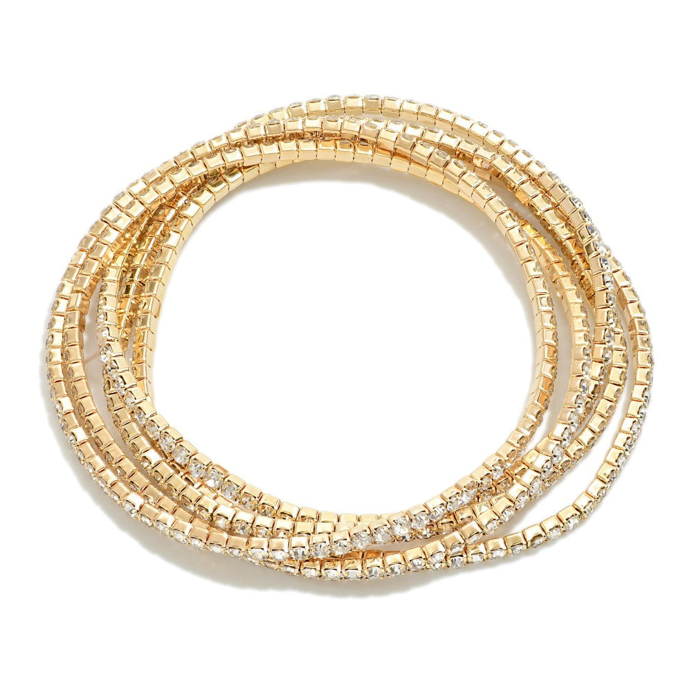 Set of Five Linked Rhinestone Stretch Bracelets Gold
