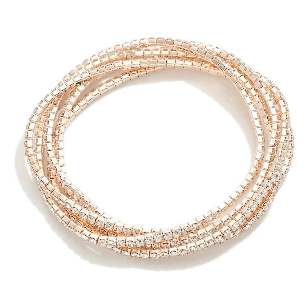 Set of Five Linked Rhinestone Stretch Bracelets Rose Gold