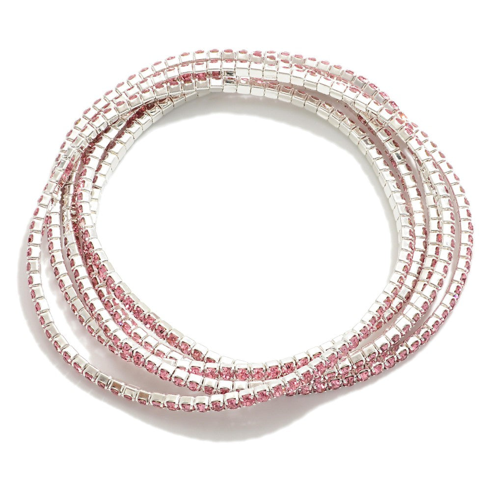 Set of Five Linked Rhinestone Stretch Bracelets Rose Quartz
