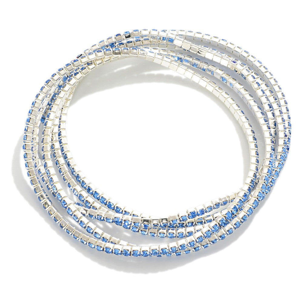 Set of Five Linked Rhinestone Stretch Bracelets Sapphire Silver