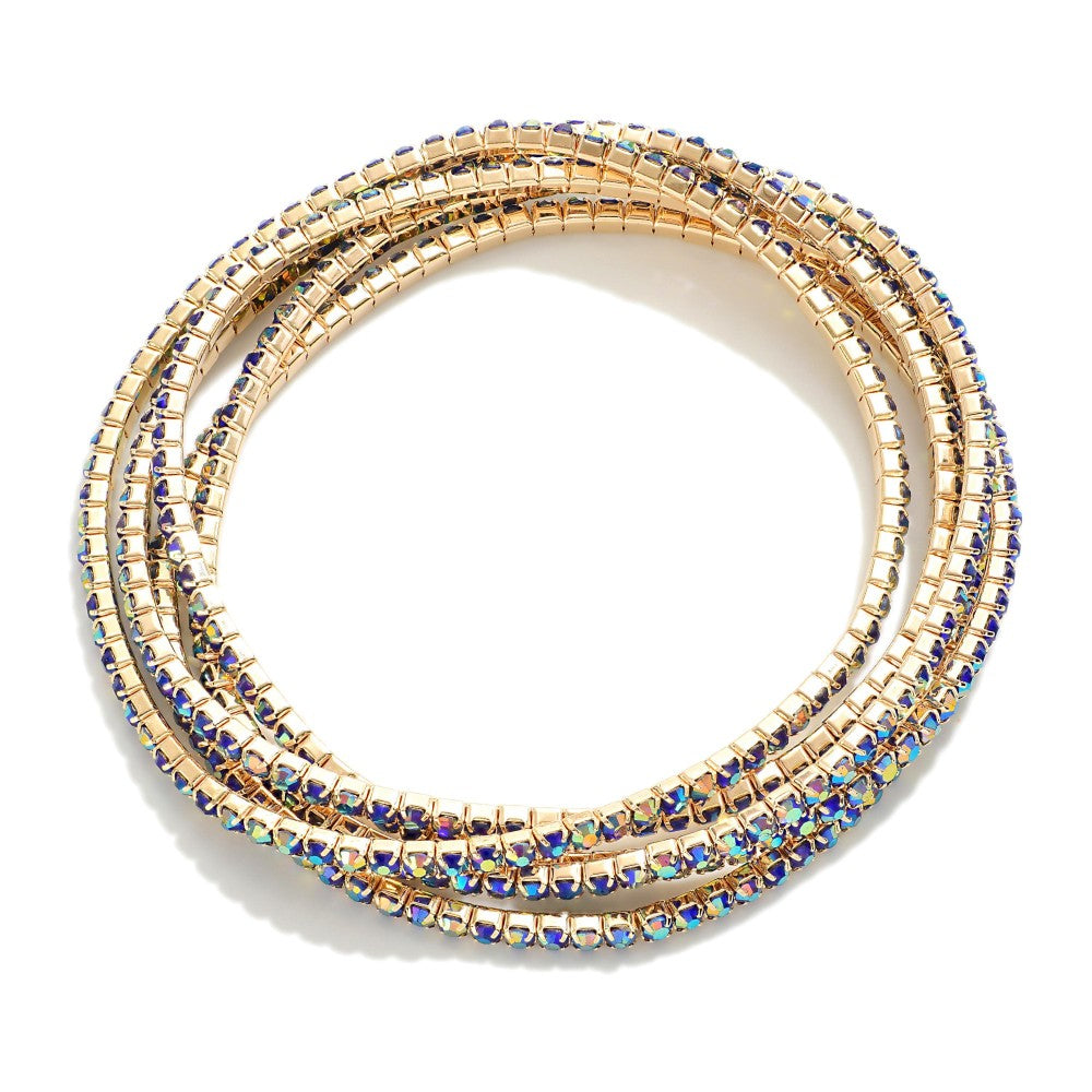 Set of Five Linked Rhinestone Stretch Bracelets Sapphire Gold