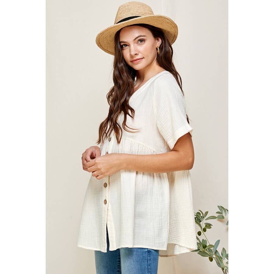 Loose Fit Ivory V-Neck Short Sleeve Button Down Top