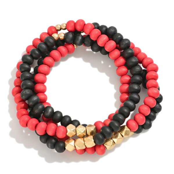 Set of Four Wood Beaded Stretch Bracelets Red Black