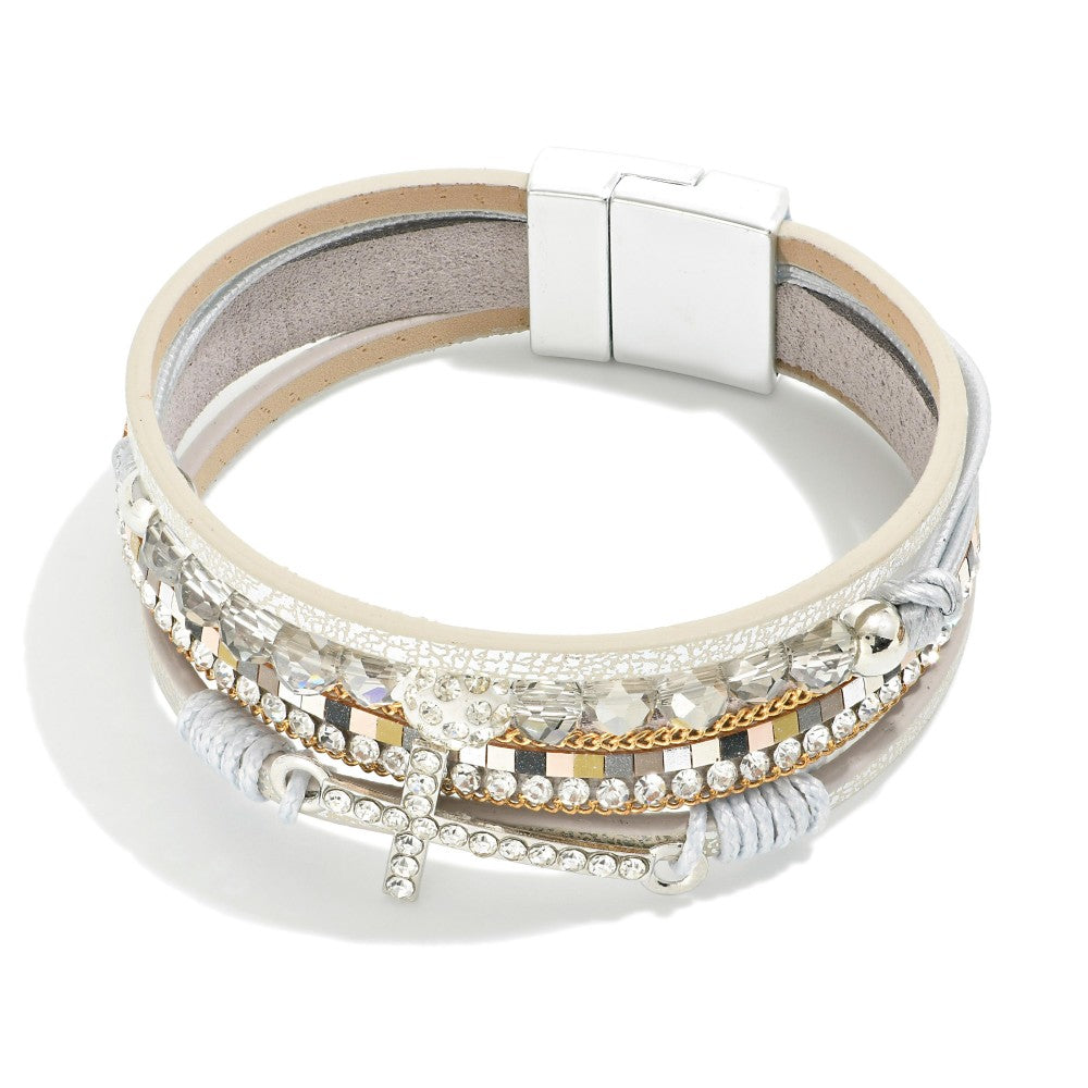Layered Magnetic Bracelet Featuring Rhinestones, Beads, & Cross Station Silver