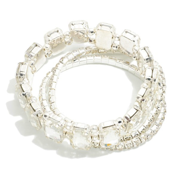 Set of Three Linked Cushion Cut Rhinestone Stretch BraceletsFeaturing Mother of Pearl Clovers Chain Link Detail Silver