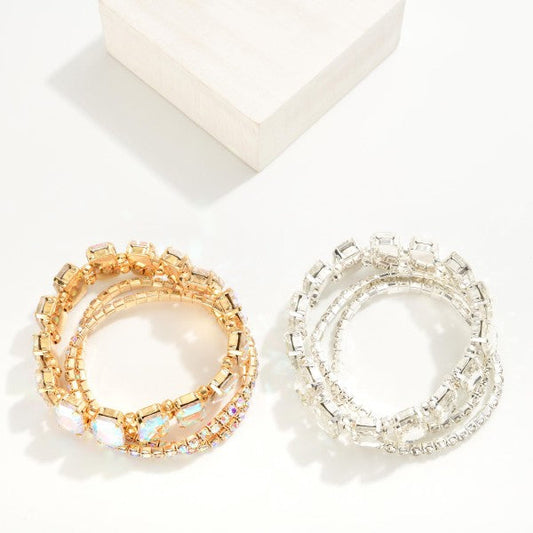 Set of Three Linked Cushion Cut Rhinestone Stretch BraceletsFeaturing Mother of Pearl Clovers Chain Link Detail