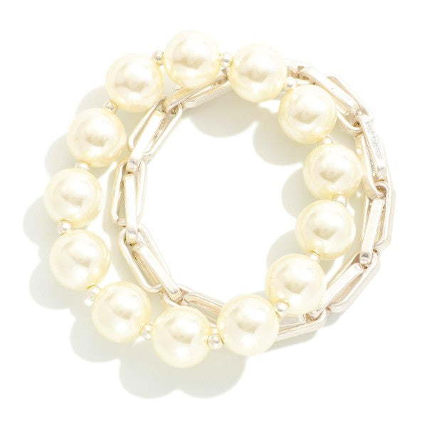Set of Two Pearl Beaded and Chain Link Stretch Bracelets Silver