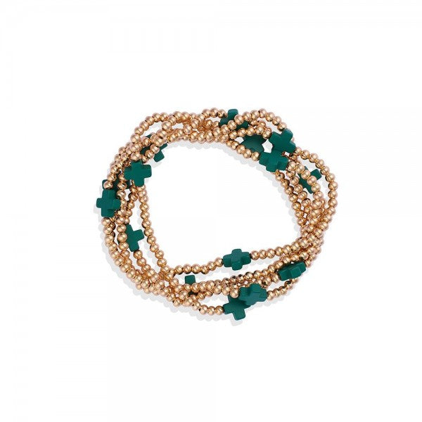 Set of Five Gold Tone Beaded Stretch Bracelets Featuring Criss Cross Bead Stations Dark green