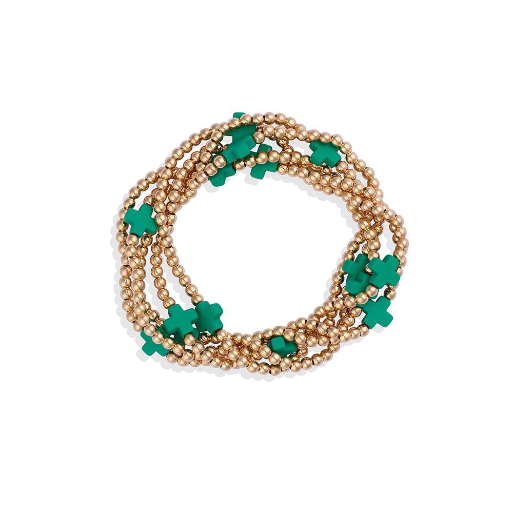 Set of Five Gold Tone Beaded Stretch Bracelets Featuring Criss Cross Bead Stations Green