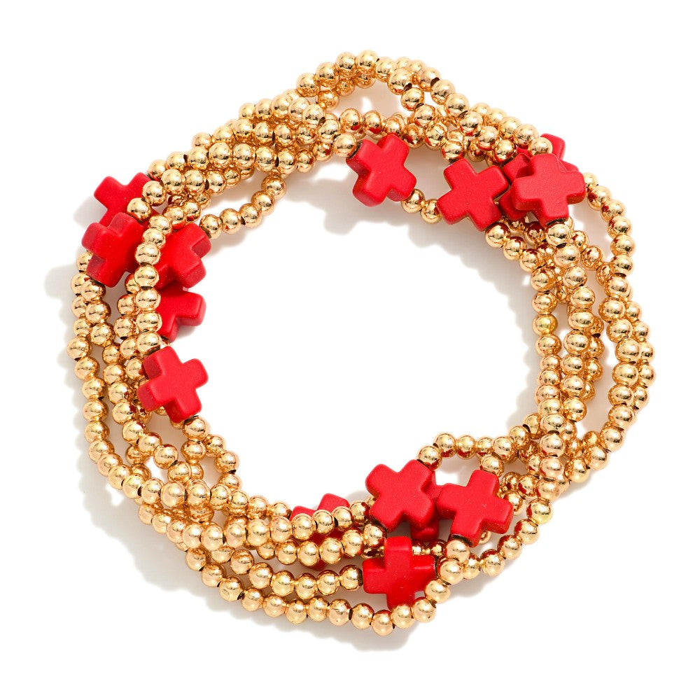 Set of Five Gold Tone Beaded Stretch Bracelets Featuring Criss Cross Bead Stations Red