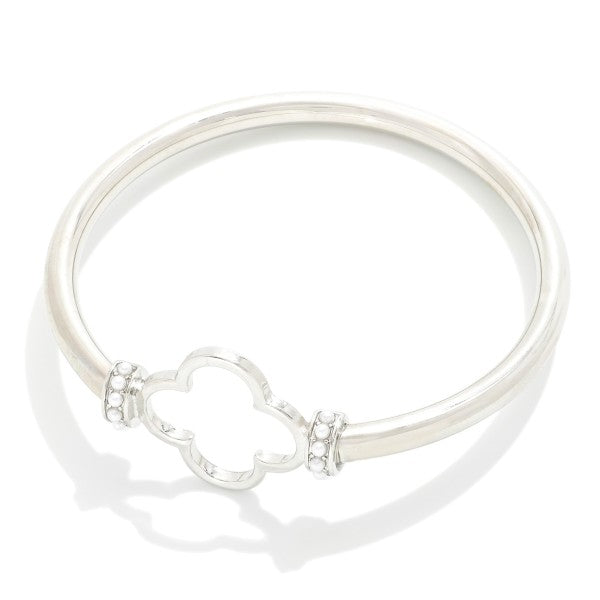 Silver Metal Tone Bangle Bracelet Featuring Hollow Clover With Pearl Detail Silver