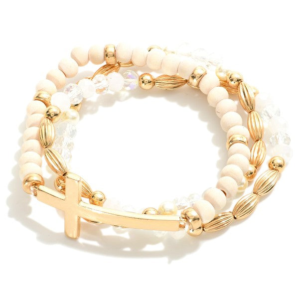 Set Of Three Beaded Stretch Bracelets Featuring Metal Tones, Wood Beads, East West Cross White