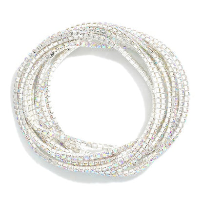 Set of Ten Linked Rhinestone Stretch Bracelets Abalone Silver