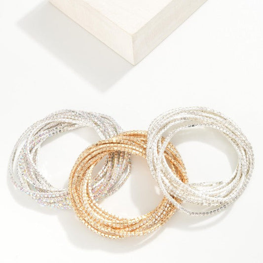 Set of Ten Linked Rhinestone Stretch Bracelets