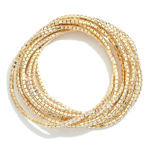 Set of Ten Linked Rhinestone Stretch Bracelets Gold