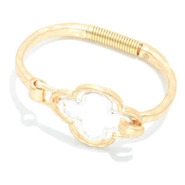 Hammered Metal Hinged Bangle Bracelet Featuring Nesting Clover Accent Gold Silver