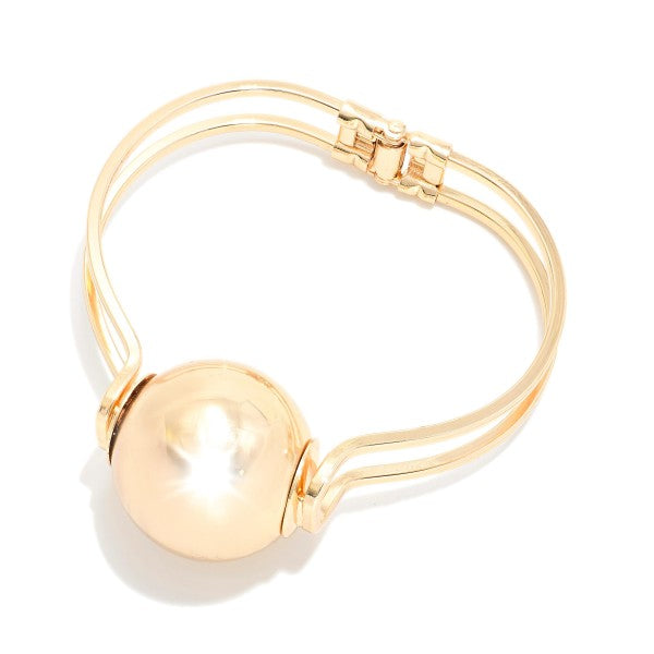 Hallow Metal Tone Bangle Bracelet With Metal Tone Ball Detail Gold
