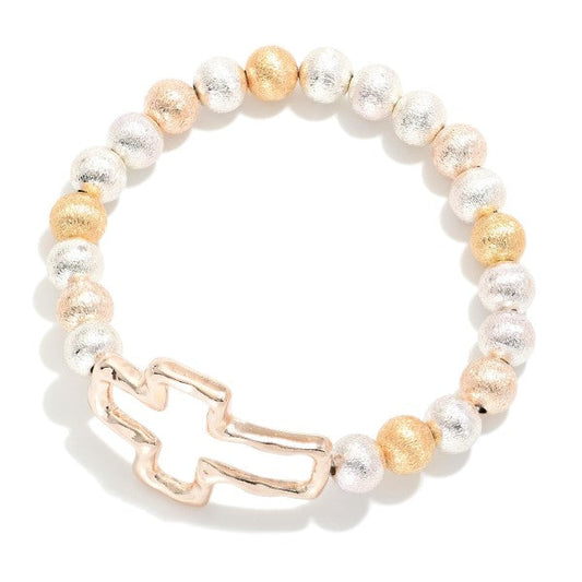 Textured Metal Beaded Stretch Bracelet Featuring Hollow Hammered Metal Cross Accent Gold Silver