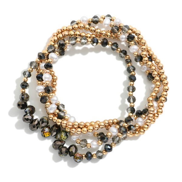 Set Of Five Beaded Stretch Bracelets Featuring Metal Tones, Faceted Beads, & Pearls Black