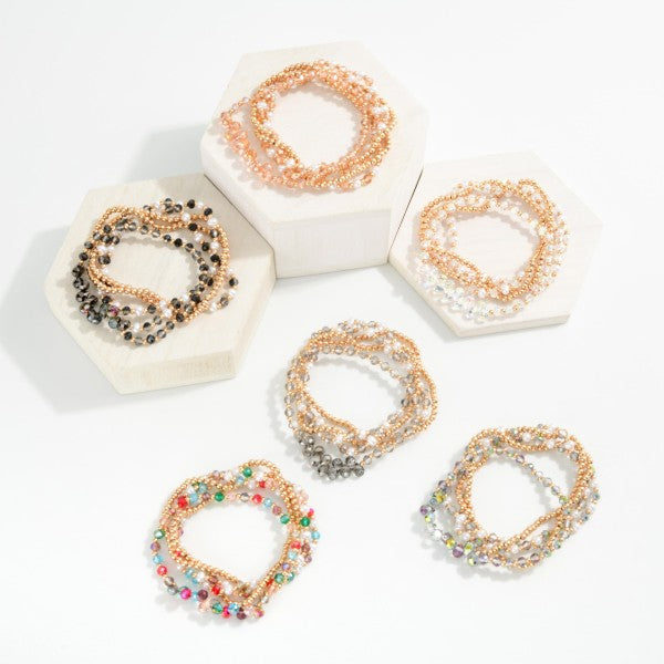 Set Of Five Beaded Stretch Bracelets Featuring Metal Tones, Faceted Beads, & Pearls