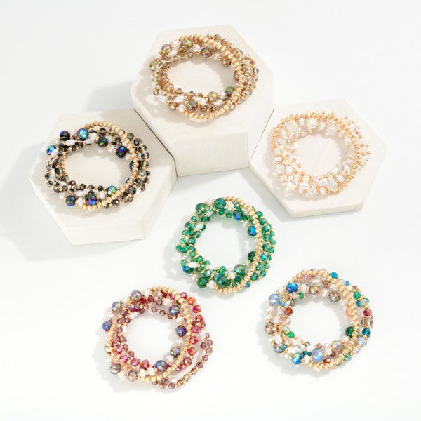 Set Of Four Beaded Stretch Bracelets Featuring Faceted Beads, Pearl, & Gold Tones