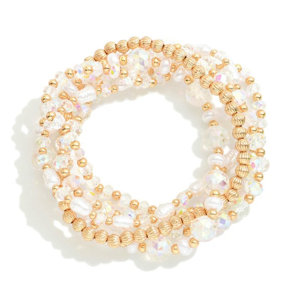 Set Of Four Beaded Stretch Bracelets Featuring Faceted Beads, Pearl, & Gold Tones Crystal