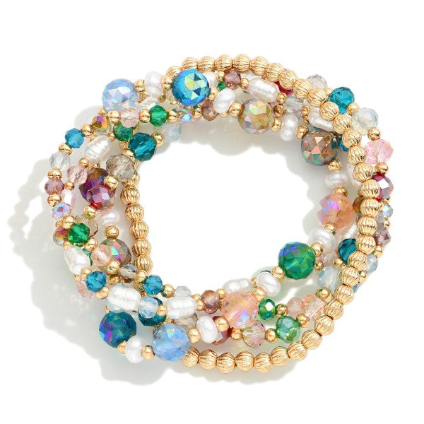 Set Of Four Beaded Stretch Bracelets Featuring Faceted Beads, Pearl, & Gold Tones Multi