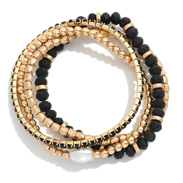Set Of Four Mixed Bead Bracelet Featuring Gold Tones & Pearl Black
