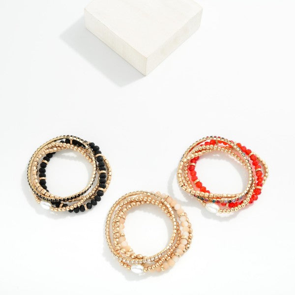 Set Of Four Mixed Bead Bracelet Featuring Gold Tones & Pearl