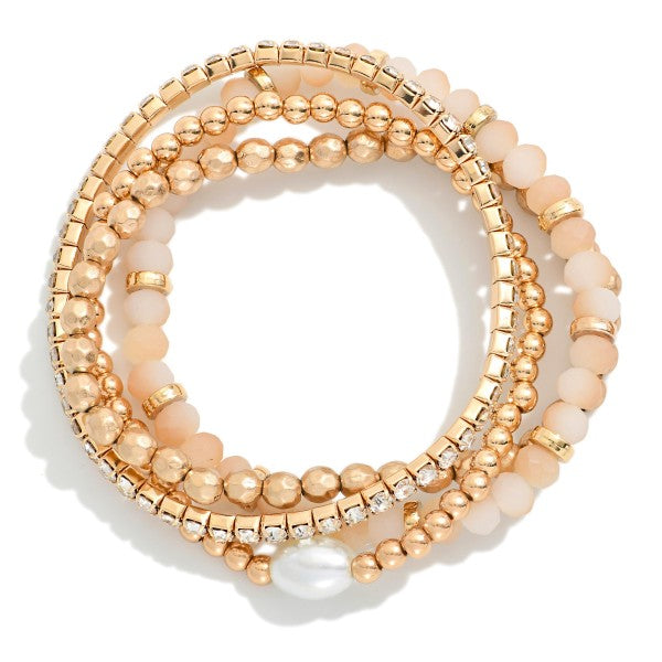 Set Of Four Mixed Bead Bracelet Featuring Gold Tones & Pearl Natual