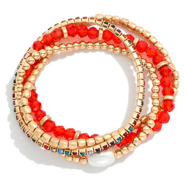 Set Of Four Mixed Bead Bracelet Featuring Gold Tones & Pearl Red
