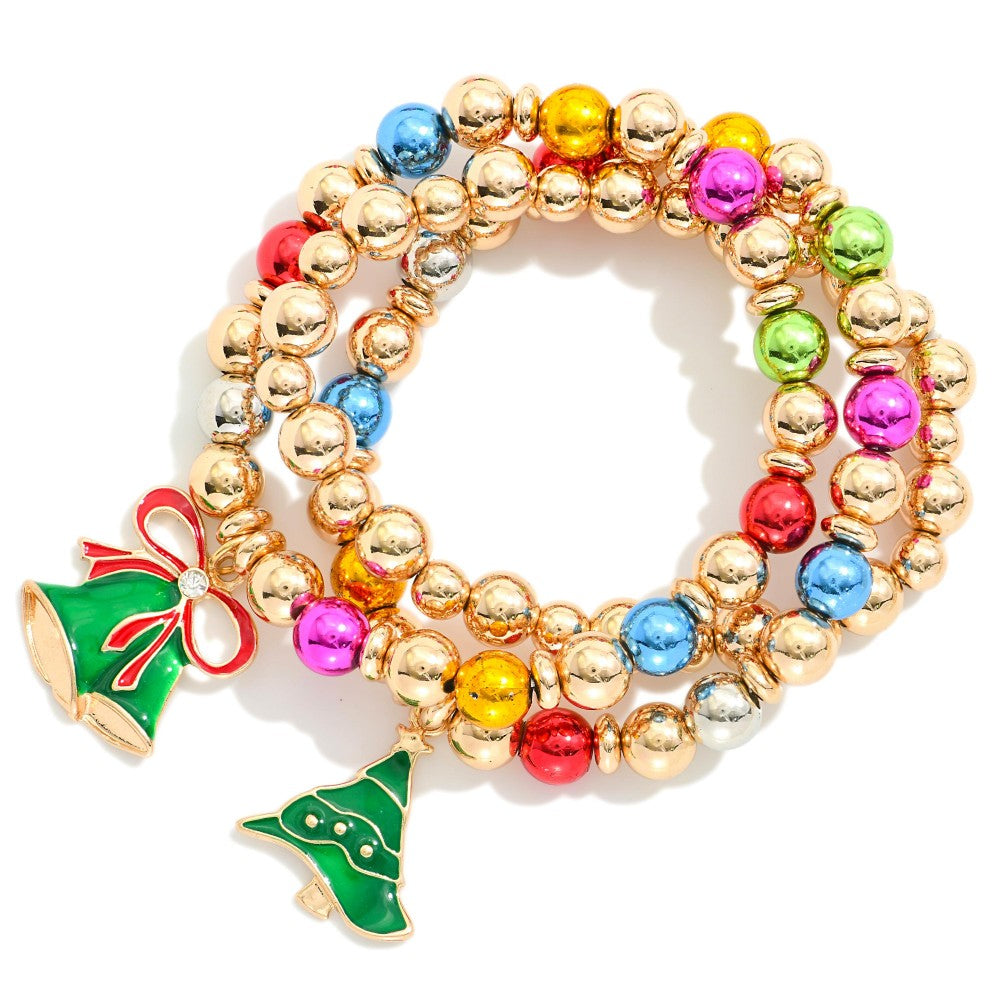 Set Of Three Metal Tone Beaded Bracelets Featuring Colorful Metallic Beads & Enamel Christmas Bell Charms
