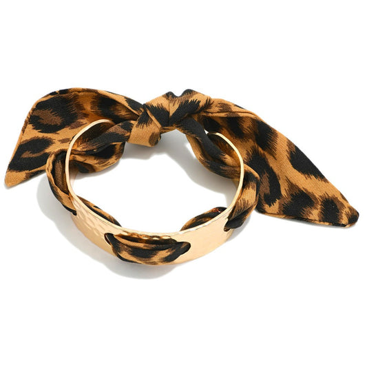 Hammered Metal Cuff Bangle With Threaded leopard Print Design