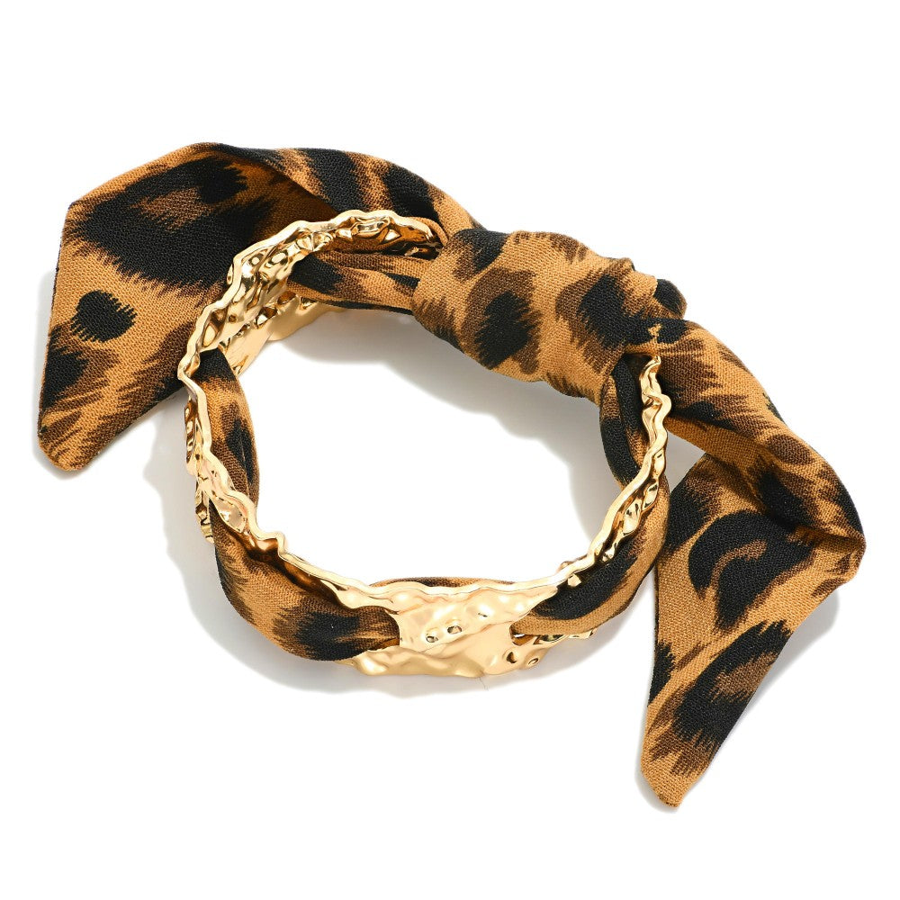 Hammered Metal Cuff Bangle With Threaded leopard Print Design