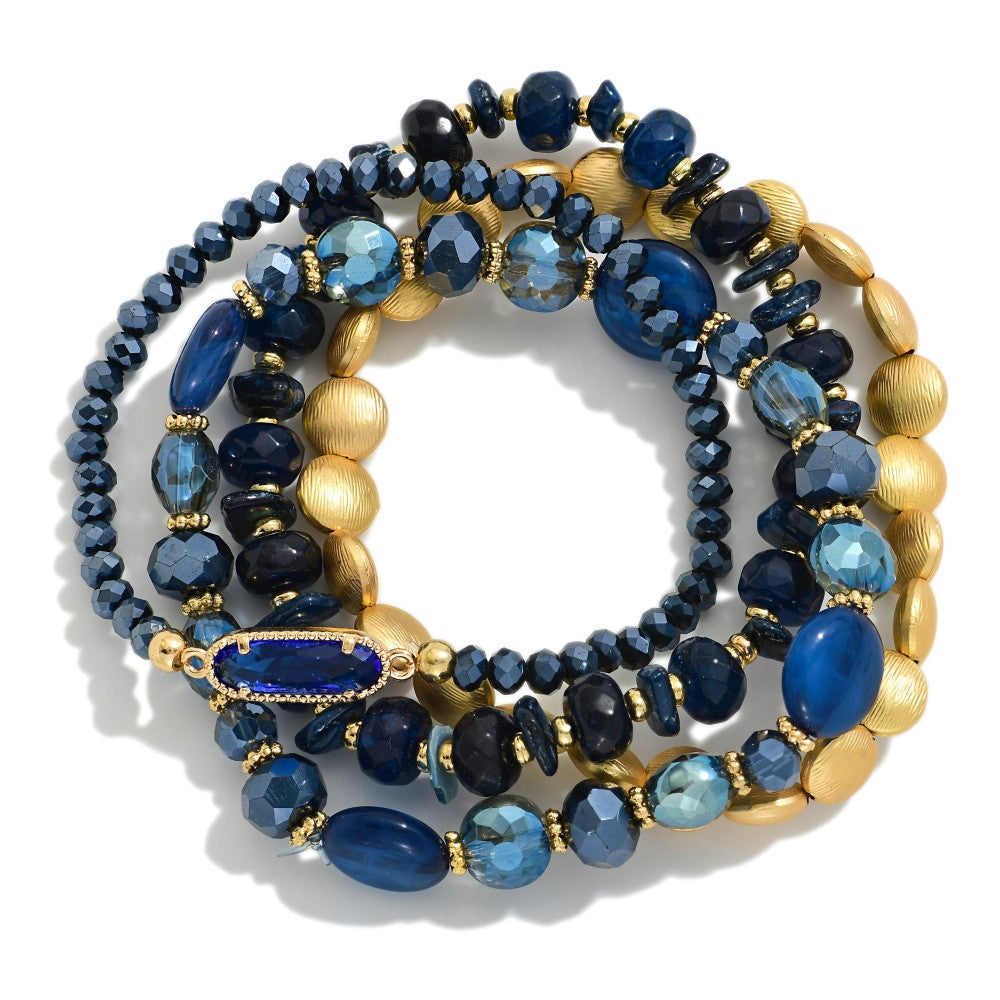 Set Of Four Beaded Stretch Bracelets Featuring Gold Tones, Stone, &amp; Glass Crystal